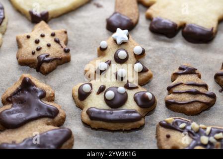 Biscotti di Natale con decorazione al cioccolato a forma di stelle e abeti su carta da forno, Germania, Europa Foto Stock