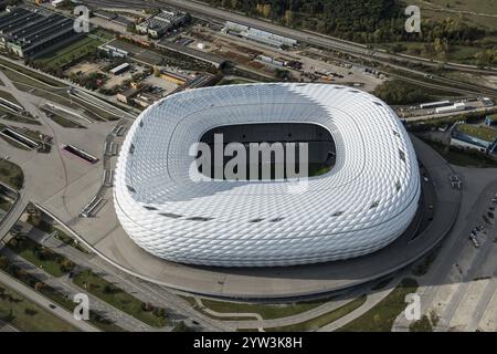 Allianz Arena, vista aerea, vista dall'alto, Monaco, Baviera, Germania, Europa Foto Stock
