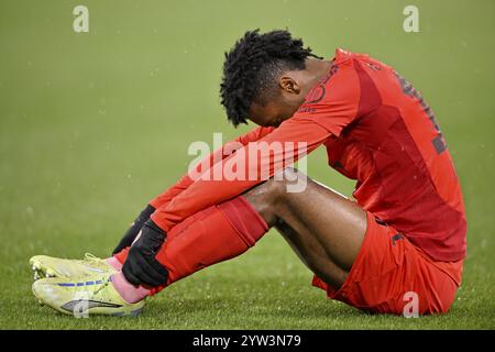 Kingsley Coman FC Bayern Monaco FCB (11) infortunato sul terreno deluso Allianz Arena, Monaco, Bayern, Germania, Europa Foto Stock