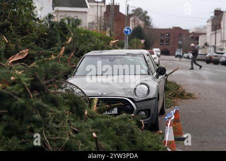 Danni a un veicolo nelle vicinanze dopo che un albero di cedro è caduto a Leamington Spa, dopo Storm Darragh, che ha portato un uomo ad essere precipitato in ospedale il sabato. La tempesta ha portato forti raffiche in molte parti del paese durante il fine settimana, con milioni di persone avvertite di rimanere al chiuso. Data immagine: Lunedì 9 dicembre 2024. Foto Stock