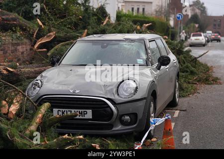 Danni a un veicolo nelle vicinanze dopo che un albero di cedro è caduto a Leamington Spa, dopo Storm Darragh, che ha portato un uomo ad essere precipitato in ospedale il sabato. La tempesta ha portato forti raffiche in molte parti del paese durante il fine settimana, con milioni di persone avvertite di rimanere al chiuso. Data immagine: Lunedì 9 dicembre 2024. Foto Stock