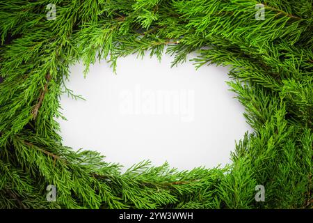 Concetto di Capodanno 2025 e background. Rami di abete verde che incorniciano uno spazio bianco vuoto per lo sfondo natalizio o naturale. Foto Stock