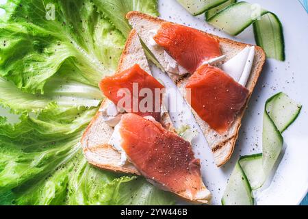 Panini con formaggio fresco e fette di trota salata su un piatto bianco con cetriolo ed erbe aromatiche. Foto di alta qualità Foto Stock