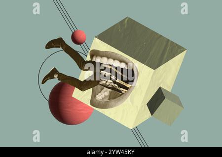 Poster fotografico creativo immagine collage d'arte di tendenza di bocca senza volto mangiare uomo cubo corpo figura mostruosa bullismo pressione odio delinquente Foto Stock