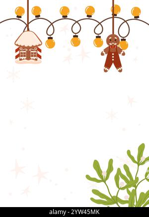 Cornice modello poster festivo con una casa di pan di zenzero, uomo di pan di zenzero, luci a corda gialle, vegetazione e sfondo di pesca chiaro con bianco Illustrazione Vettoriale