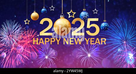 Felice Capodanno 2025 Capodanno 2025 - numeri d'oro e fuochi d'artificio alla vigilia con luce astratta Foto Stock