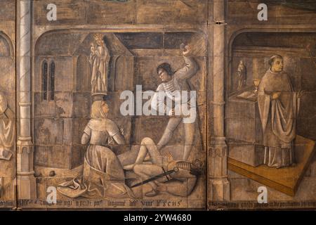 L'affresco murale storico del XV secolo chiamato "L'Immagine Ferita" all'interno della Cappella della Signora nella Cattedrale di Winchester, Regno Unito Foto Stock