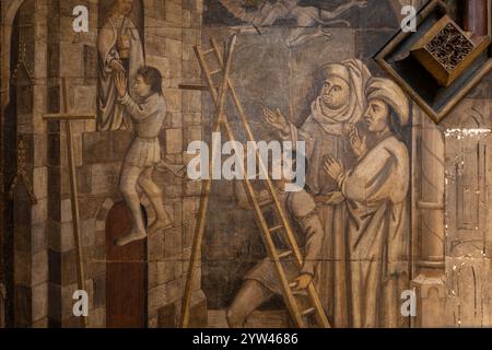 L'affresco murale storico del XV secolo chiamato "Il Pittore Pio" all'interno della Cappella della Signora nella Cattedrale di Winchester, Regno Unito Foto Stock