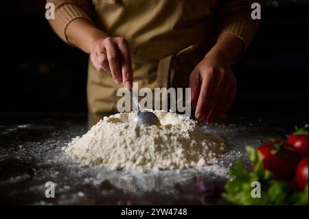 Primo piano delle mani dello chef che preparano l'impasto, circondati da ingredienti freschi in cucina. Foto Stock