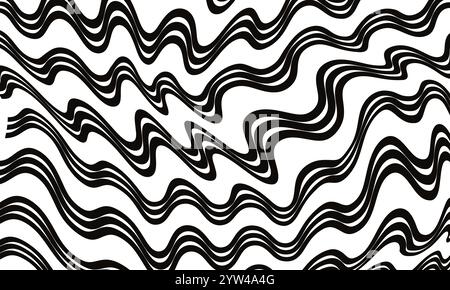 Sfondo ondulato astratto monocromatico. Design a righe curve o linee in bianco e nero. Texture trippy increspata Illustrazione Vettoriale