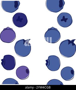 Insieme di bordi orizzontali senza cuciture per frutti in caduta di mirtilli maturi. Scheda grafica vettoriale Fly Blue Berry per la progettazione della confezione di cibo, colazione con succo di frutta, cos Illustrazione Vettoriale