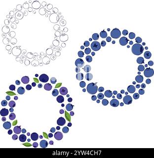 Set di cornici circolari per frutti di bosco freschi. Modelli vettoriali di bacche lineari grafiche. Clip art, elemento per design. Illustrazione Vettoriale