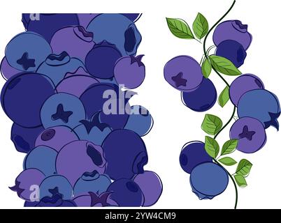 Set di bordi verticali senza cuciture con foglie verdi e frutti di bosco isolati su sfondo bianco trasparente. Vector fresco sano pla organico Illustrazione Vettoriale
