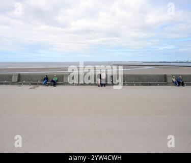 Coppie in piedi e sedute sulla parete del mare con una vista di sabbia, mare e la foce dell'estuario del Mersey a New Brighton, Wallasey, Merseyside, Regno Unito Foto Stock