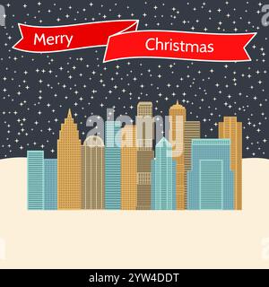 Città notturna con cielo stellato e un nastro rosso con l'iscrizione Happy Christmas. Illustrazione vettoriale. Illustrazione Vettoriale
