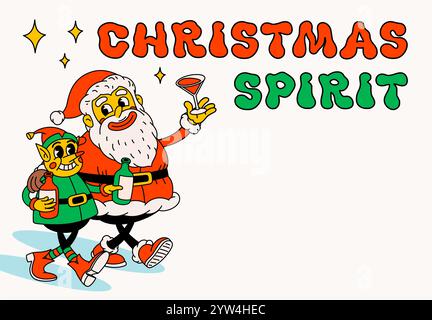 Babbo Natale ubriaco ed elfo con testo di spirito natalizio. Simpatici personaggi vintage di Babbo Natale e degli elfi che celebrano le vacanze Illustrazione Vettoriale