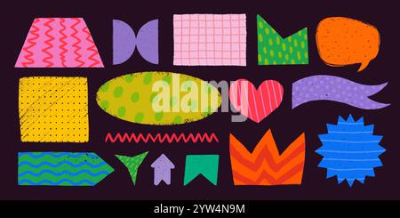 Forme semplici con vari motivi in stile rustico rustico rustico. Scatole di testo vintage, striscioni e altri moduli disegnati a mano con texture e motivi. Mano Illustrazione Vettoriale