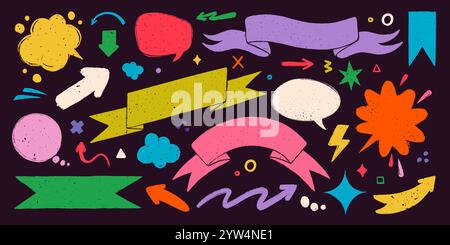 Striscioni a nastro e forme semplici in stile rustico rustico rustico. Distintivi, striscioni, nastri, bandiere e altri elementi di design disegnati a mano per il buio Illustrazione Vettoriale