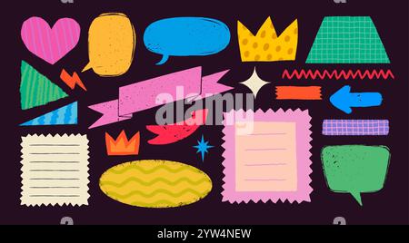 Striscioni e forme a nastro retrò in stile rustico rustico. Badge, striscioni, nastri, bandiere e altri elementi di design disegnati a mano in stile vintage. Mano Illustrazione Vettoriale