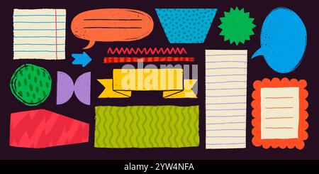 Note e adesivi in stile rustico rustico rustico. Badge, striscioni, nastri, bandiere e altri elementi di design disegnati a mano in stile vintage. Disegnato a mano Illustrazione Vettoriale