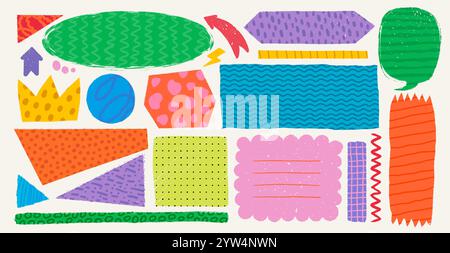 Forme semplici con vari motivi in stile rustico rustico rustico. Scatole di testo vintage, striscioni e altri moduli disegnati a mano con texture e motivi. Mano Illustrazione Vettoriale