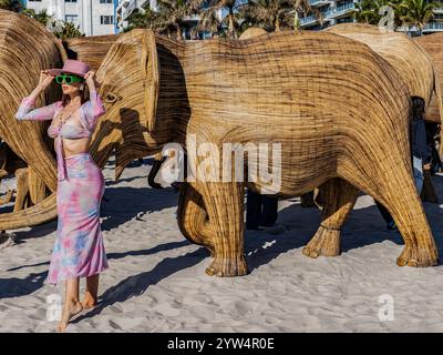 La grande migrazione degli elefanti, un branco di 100 sculture di elefanti realizzate da artisti indigeni. Parte della fiera Art Basel di Miami. Con un modello alla moda Foto Stock