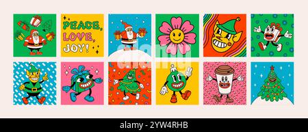 Mini card natalizie o adesivi in stile retrò con personaggi e oggetti natalizi. Ideale per i disegni di adesivi di Natale e Capodanno e. Illustrazione Vettoriale