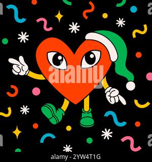 Cartoni animati natalizi Groovy. un cuore divertente e vintage con occhi e coriandoli. Ideale per i disegni e le decorazioni di adesivi di Natale e Capodanno Illustrazione Vettoriale
