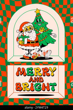 Poster cartoni animati natalizi. Babbo Natale e albero di Natale con volti felici e testo allegro e luminoso. Ideale per il Natale e il nuovo Illustrazione Vettoriale