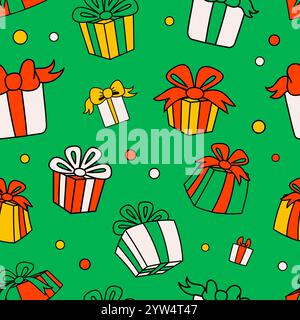 Fantasia natalizia senza cuciture con confezioni regalo su sfondo verde. sfondo vintage divertente con coriandoli e regali. Ideale per il Natale e il nuovo Illustrazione Vettoriale