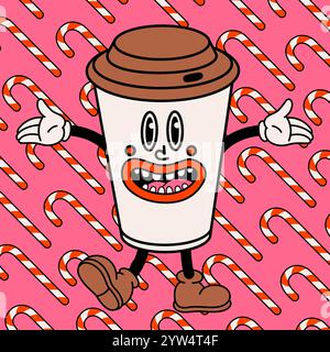 Tazza da caffè cartoni animati con Happy Face, tazza di carta divertente vintage su sfondo natalizio. Ideale per l'adesivo di Natale e Capodanno Illustrazione Vettoriale