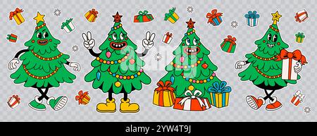 Adesivi cartoni animati sull'albero di Natale, personaggi divertenti vintage con volti felici. Ideale per i disegni di adesivi di Natale e Capodanno e. Illustrazione Vettoriale