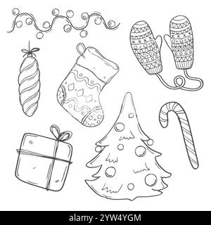 Set di spaghetti natalizi disegnati a mano, illustrazioni natalizie in bianco e nero con Babbo Natale, pupazzo di neve, regali, alberi e molto altro ancora Illustrazione Vettoriale