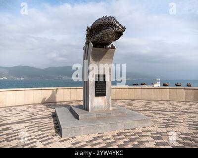 Novorossiysk, Russia 28 agosto 2024 Monumento al pesce acciuga hamsa sul terrapieno della città di Novorossiysk in Russia sul Mar Nero. Foto Stock