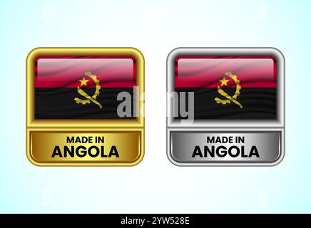 Icona dell'etichetta Made in Angola nei colori oro e argento. Icona flag impostata per l'azienda Illustrazione Vettoriale