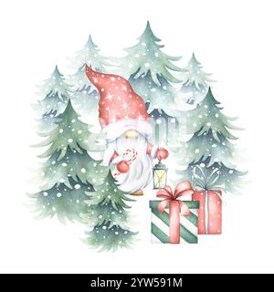 Gnomo natalizio con lanterna e scatole regalo nella foresta innevata di abeti rossi. Illustrazione isolata ad acquerello disegnata a mano, personaggio fiabesco in mezzo ad abeti per il biglietto di auguri di Capodanno, adesivi festivi. Foto Stock