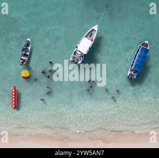 Vista aerea, foto del drone TopDown di Boat in the Sea Foto Stock