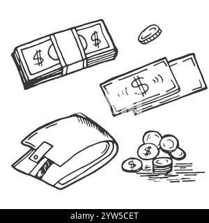 Icone di denaro colorate a mano Illustrazione Vettoriale