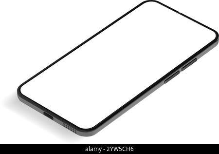 Vista prospettica di un elegante smartphone nero con schermo bianco vuoto, ideale per mostrare i design delle app mobili su uno sfondo bianco pulito Illustrazione Vettoriale