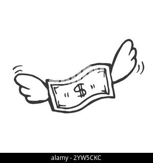 Banconota da un dollaro con ali di pollo. Soldi volanti. Illustrazione Vettoriale
