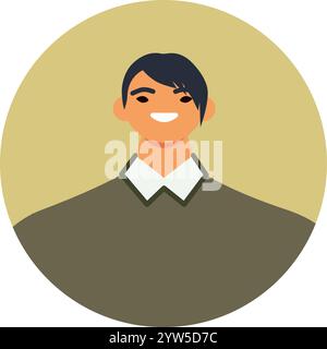 L'illustrazione presenta un uomo asiatico sorridente con i capelli scuri e un collare bianco, creando un'immagine di profilo amichevole e accessibile contro un giallo chiaro Illustrazione Vettoriale
