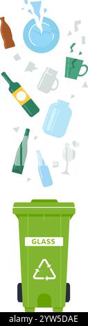 Diversi tipi di contenitori in vetro, tra cui bottiglie, tazze e una piastra rotta, cadono in un contenitore di riciclaggio verde, evidenziando l'importanza di Illustrazione Vettoriale