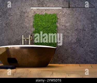 Bagno moderno con pareti in cemento e pavimento in legno e giardino verticale 3d. Foto Stock