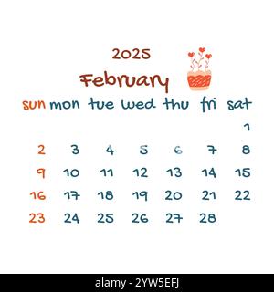 calendario di febbraio 2025 con fiore in vaso a forma di cuore. Calendario moderno e colorato, pianificatore mensile. Illustrazione vettoriale disegnata a mano. Design moderno e semplice Illustrazione Vettoriale