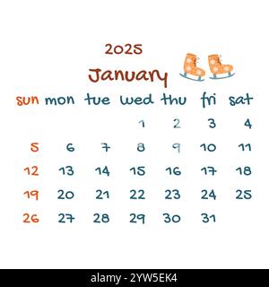 2025 gennaio calendario con pattini. Calendario moderno e colorato, pianificatore mensile. Illustrazione vettoriale disegnata a mano. Design semplice e moderno Illustrazione Vettoriale