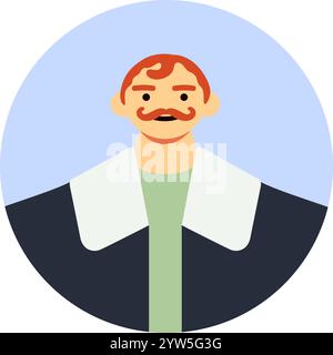 Ritratto di un uomo rosso con baffi che indossa una giacca scura con grandi revers e una camicia verde chiaro, in un semplice stile cartoni animati con una circolare Illustrazione Vettoriale