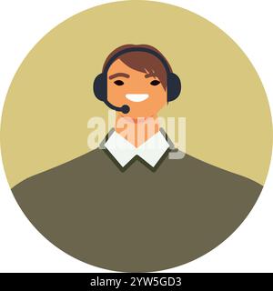 Un cordiale rappresentante del servizio clienti che indossa un auricolare e sorride, fornendo assistenza e supporto ai clienti in modo professionale e disponibile Illustrazione Vettoriale