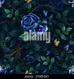 Motivo botanico vintage senza cuciture con rose e foglie. Illustrazione ad acquerello disegnata a mano su sfondo scuro con una farfalla e una chiave. Ornamento per Foto Stock