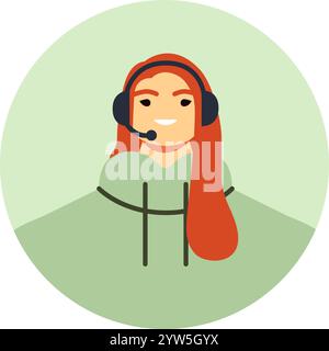 Operatore di call center Redhead che indossa una cuffia, sorride e assiste i clienti fornendo assistenza, rispondendo alle domande e assicurando Illustrazione Vettoriale