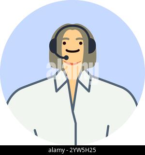 Un cordiale rappresentante del servizio clienti indossa una cuffia, sorride calorosamente mentre fornisce assistenza e supporto. Impegnarsi nella comunicazione all'interno di un Illustrazione Vettoriale